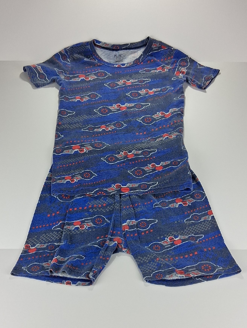 Boys Children's Place Pajama Set Size 14 Shirt + Shorts Blue and Red Race Car